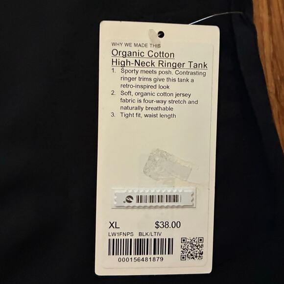 Lululemon Organic Cotton High-Neck Ringer Tank Top Black/Light Ivory Size XL - Picture 5 of 6